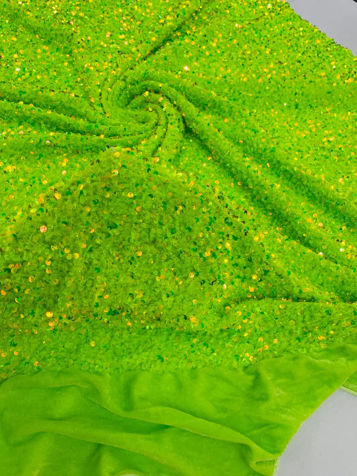 Sequin Stretch Velvet Fabric Neon Lime Green Color (SSV-23) 60 Inches Width